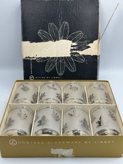Vintage Libbey Silver Leaf Juice Glasses 8pc Set w Box Mid Century Barware Drink