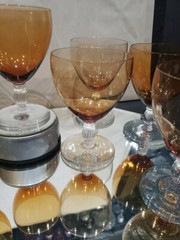 (9) Water Goblets glasses 5-1/4″, Bryce co crystal & amber Delhi stem 946 rare