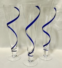 Vintage Pier 1 Swirline Cobalt Blue Spiral Pilsner Beer Glasses Set 3 Hand Blown