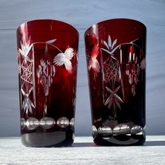 Vintage Bohemian Ruby Red Cut to Clear Crystal Tumblers Set of 2 Glasses