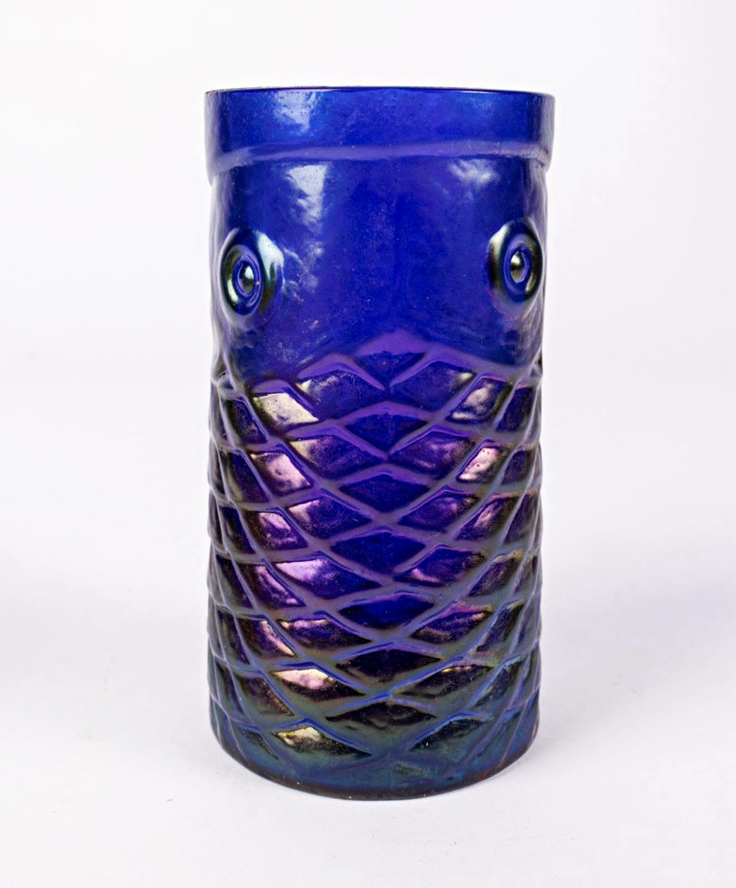 Signed John Cook Cobalt Iridescent Art Glass Koi Fish Tumbler Vase Hand Blown