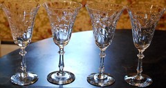 SENECA Antique Set 4 ETCHED CRYSTAL WATER GOBLET GLASSES Hand Blown OPTIC Floral