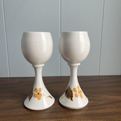 Pair Studio Pottery Wine Goblets Vintage Yellow Flower Set Of 2 Wine Glasses