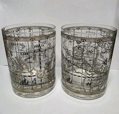 Vintage MCM Cera Co. Low Ball Cocktail Glasses, World Atlas Map 22K Gold Set