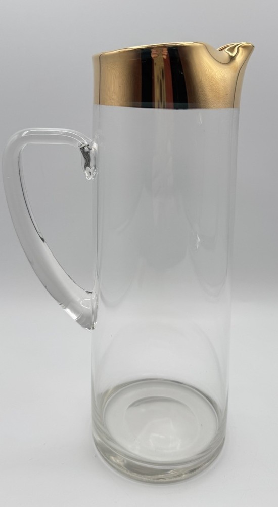 Golden By Autra Cocktail Pitcher Plated Gold Rim Glass Barware MCM 48 oz