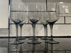 Vtg. Belgium Smoke Grey Crystal Stemmed Wine Glasses. Retro, Mod. Set of 6.