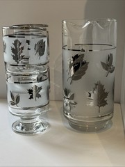Atomic Era MCM Silver Leaf Frosted Glass Pitcher +4 Goblets VTG Cocktail Bar Set