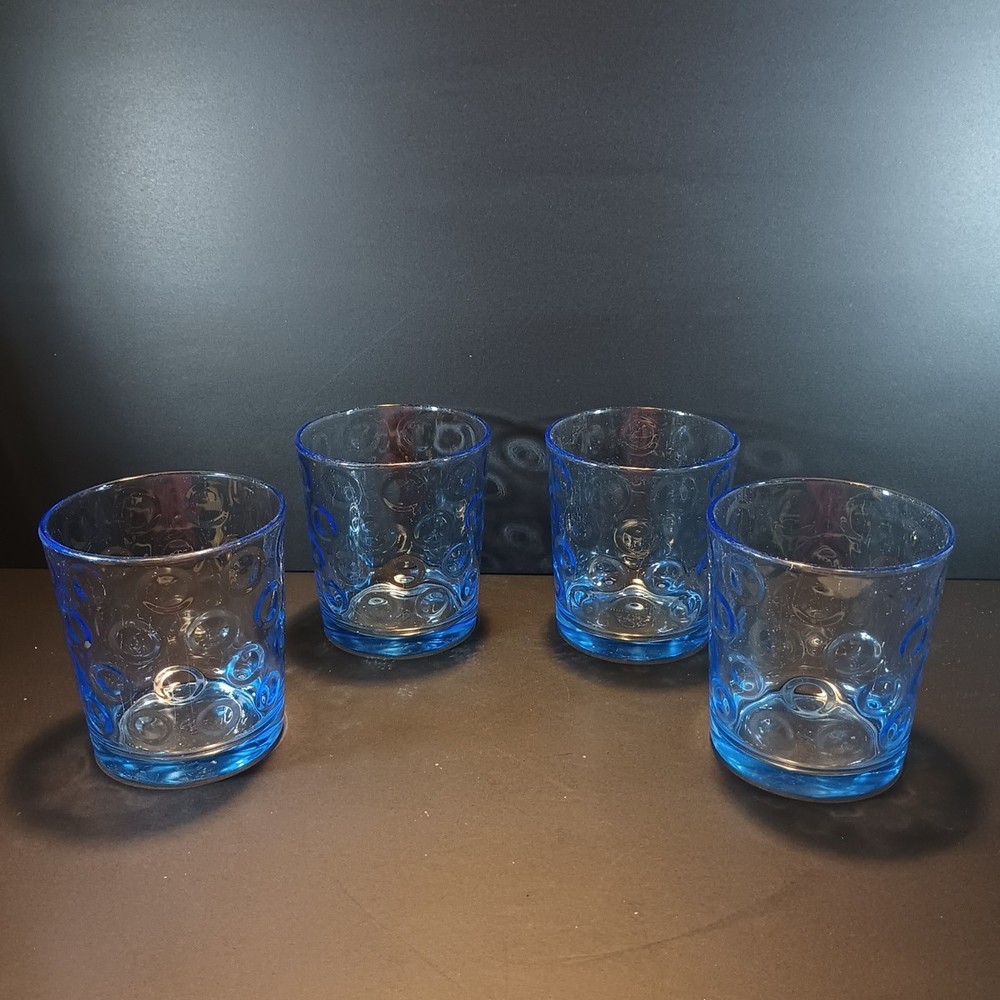 Pasabahce Cirque Bubble Ring Blue 4 Low Ball Glasses 4″ tall