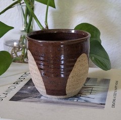 Vintage Stoneware Pottery Cup Signed Glass ’79 Iron Brown Speckled Mid Century