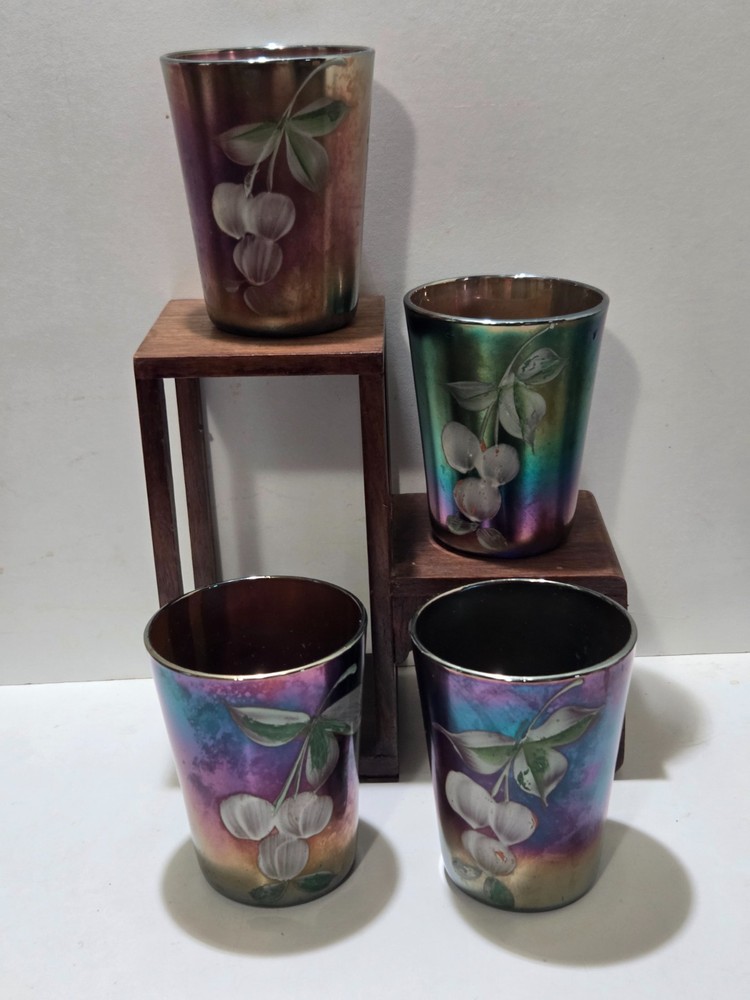 Fenton Blue Carnival Glass Tumbler Enamel Cherries Hand Painted Set of 4 Vintage