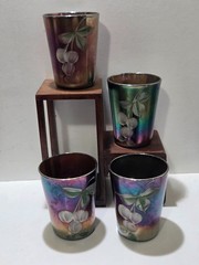 Fenton Blue Carnival Glass Tumbler Enamel Cherries Hand Painted Set of 4 Vintage