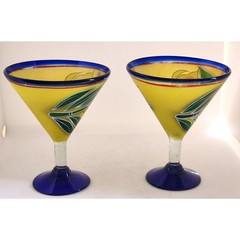 Pair Hand Painted Floral Margarita Glasses Blue Rim Yellow Mexican Style Set 2