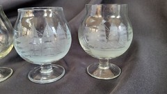 4 Toscany Clipper Brandy Glasses Set 4.25” Etched Frosted Nautical Sailing Ship