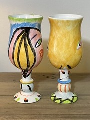casa bella by ganz wine water goblet glasses abstract Faces hand painted Pair