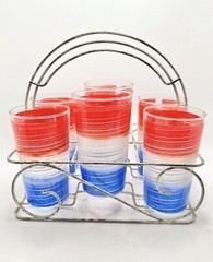Vintage Anchor Hocking red white and blue stripes with metal carrying caddy