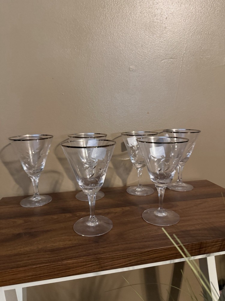 Lot Of 6 Vintage Fostoria Bridal Belle Etched Goblets 1957-73 Platinum Trim MCM
