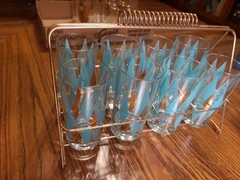Vintage Hazel Atlas Teal Diamond Harlequin Glasses Set of 8 Caddy Plus 2 Spares