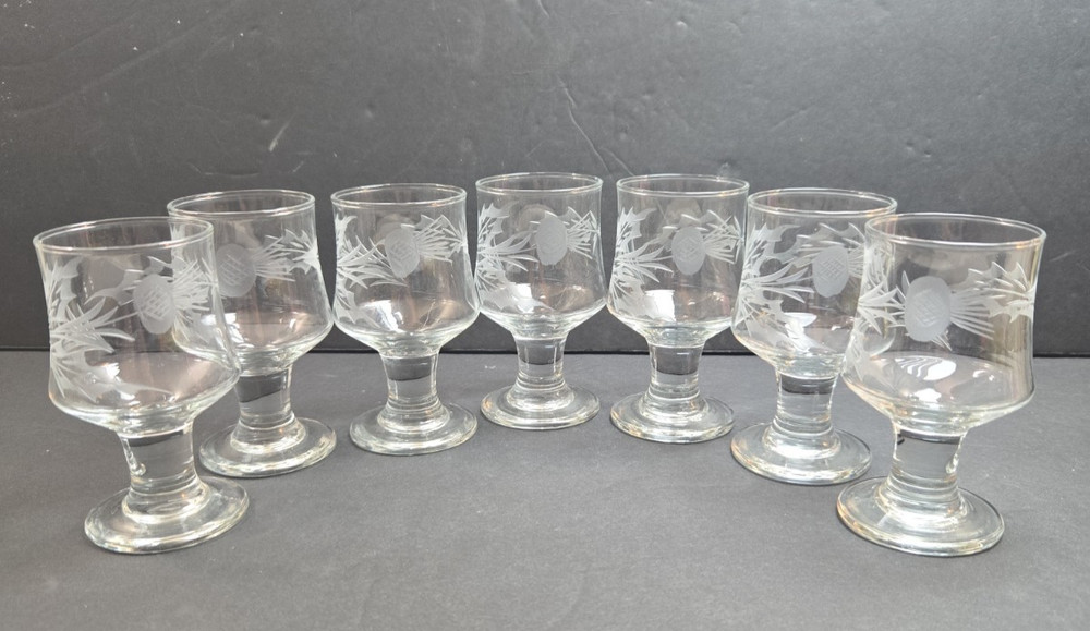 Cristal d’Arques Durand Gray Cut Thistle Cordial Glass Set of 7 France 3.5″