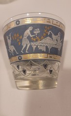 Vintage Cera Set of 2 Glass Etruscan Frieze Tumblers Blue White Gold