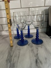 Libbey Metropolis Wine/Water glass Cobalt Blue Bead Base Clear Bell set of 4 MCM