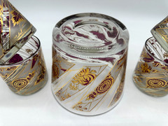 VTG Culver Gold Red Chrysanthemum Rocks Glasses Set of 4 With Ice Bucket Barware