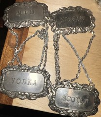 Vintage Silver Tone Liquor Bottle Hang Tags Set Of 4 Gin-Bourbon-Scotch-Vodka
