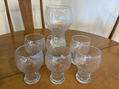 Vtg Textured Ice Bark Footed 16oz Goblet Water Glasses MCM Barware Set of 7