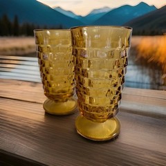 Set 2 Vintage Indiana Whitehall Colony Cubist Amber 6” Footed Iced Tea Glasses