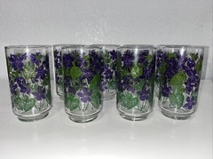Set Of 8 Libbey Glasses Vintage Tumblers Purple Violet Flowers Green Leaves – 5″