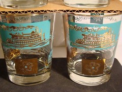 8 Libbey Steamboat Bar Glasses Gold & Blue 3.5 Inches Tall Southern Comfort