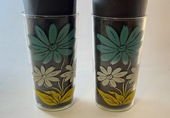 Anchor Hocking Glass Tumblers 2 Blue & White Daisy Flowers 1930-1940 4-5/8″