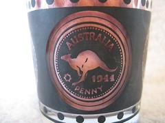 1944 Australia Penny Republica Ligure Annoa Glass 4″ tall Clear Glass Black Trim