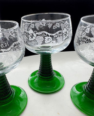 3 Luminarc France Etched Grapevine Wine Glasses Green Beehive Stem VTG Barware