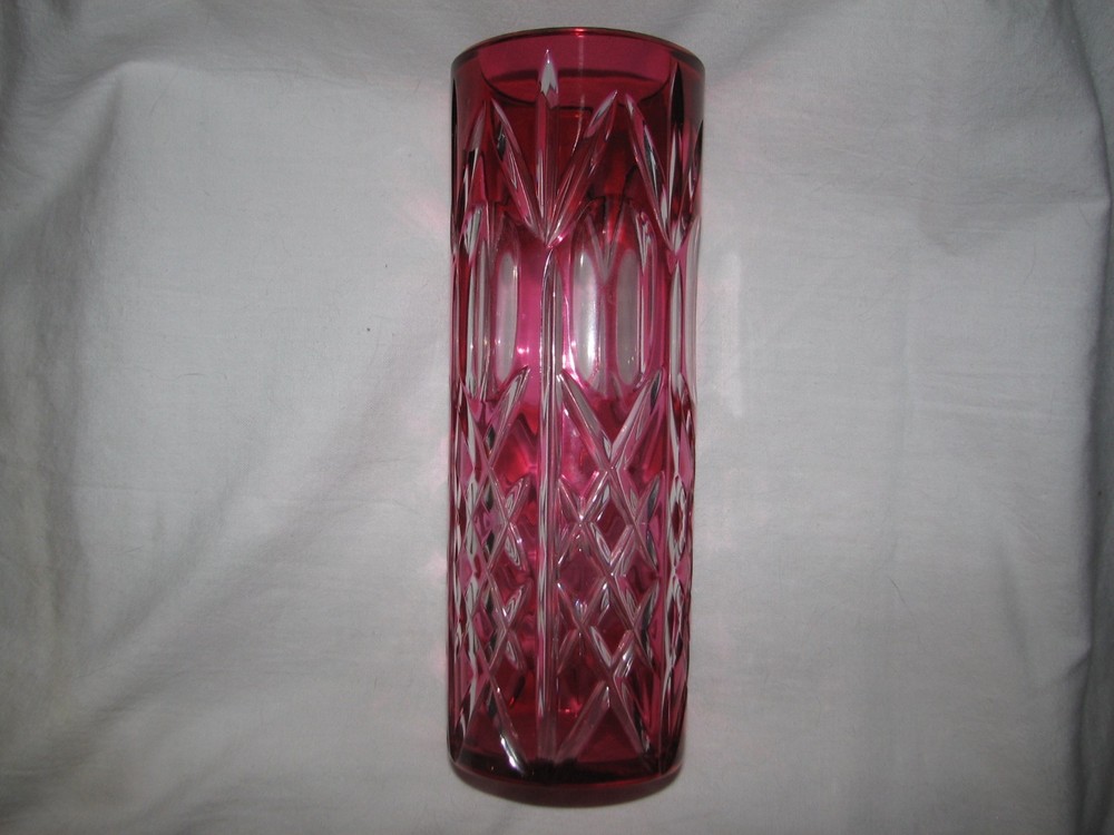 red Germany vintage VASE cut to clear LEAD CRYSTAL geometrical decor 8″