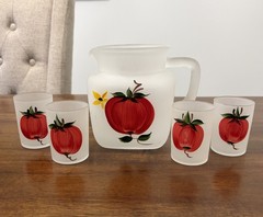 Vintage 1950’s Hazel Atlas Frosted Tomato 5 Piece Juice Set Marked Logo H Over A