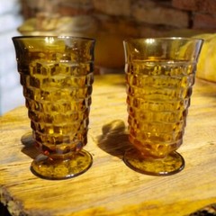 Pr Vintage Amber Tumblers Indiana Glass Whitehall Cubist Ice Tea Water 12oz Cup