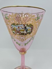 Venetian Enameled Figural Landscape Scene Pink Wine Glass 7 1/4″ #1
