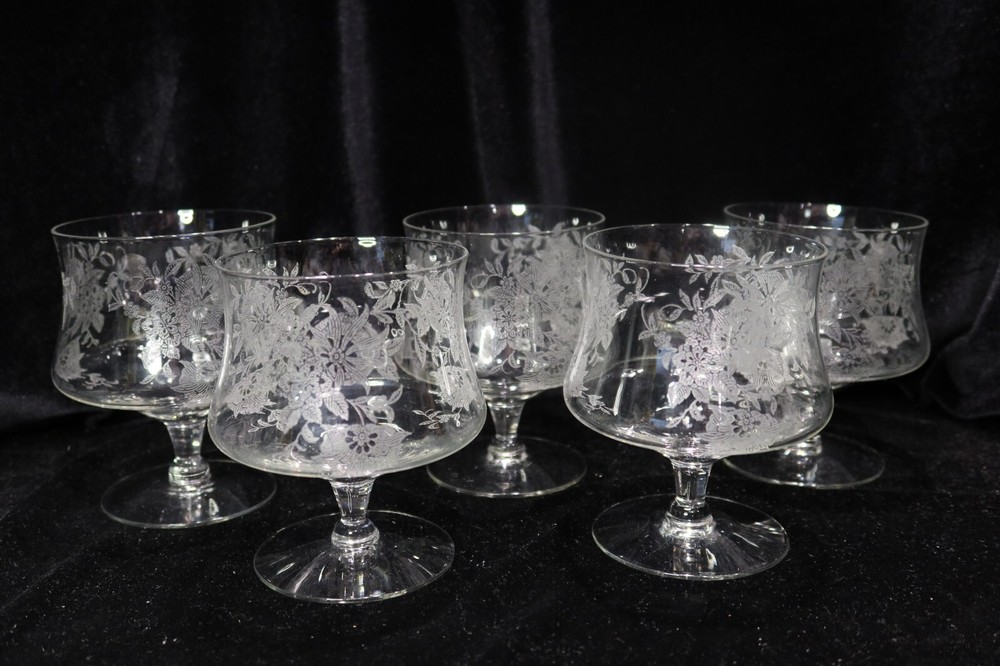 MORGANTOWN FLORET ETCHED FLOWERS 5 SEAFOOD COCKTAIL NO LINER GOBLETS 4 3/4″ TALL