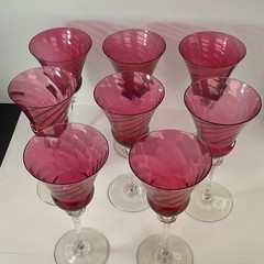 8 Handblown rose pink cranberry Glasses optic swirl 8” water wine goblets