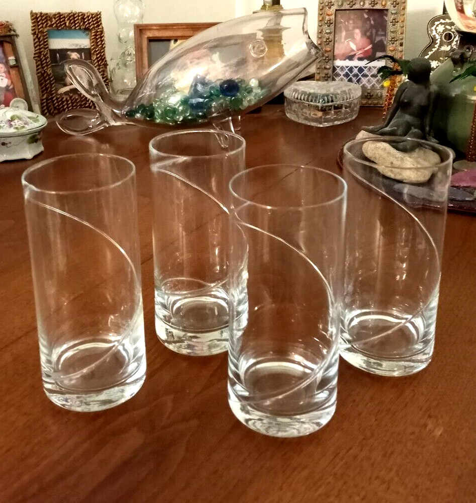 4 VTG Hand Blown HIGHBALL Tumbler Glasses POLAND Clear w/ Single Swirl