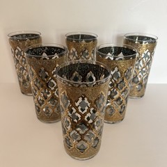 Vtg Culver Valencia Glass Highball Tumblers Gold Filigree Overlay MCM Set Of 6
