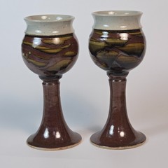 Handmade Studio Pottery Goblets – Signed – 7.5” Glazed Chalice Pair Vintage