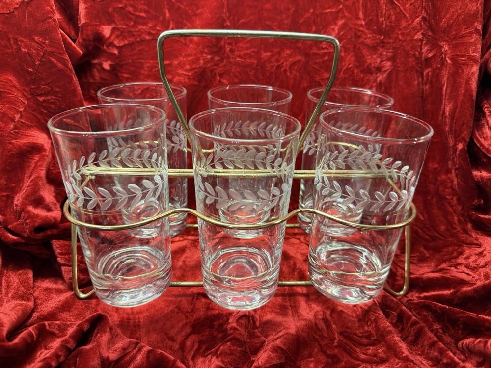 Tumbler Etched Laurel Leaf Set of 6 Anchor Hocking 5.25” With Metal Caddy