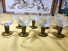 Vintage German Cordial Roemer Glasses with Grape and Leaf Cut Pattern