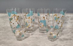 Vintage Federal Atomic Amoeba Boomerang Turquoise Gold Glasses Set of 6