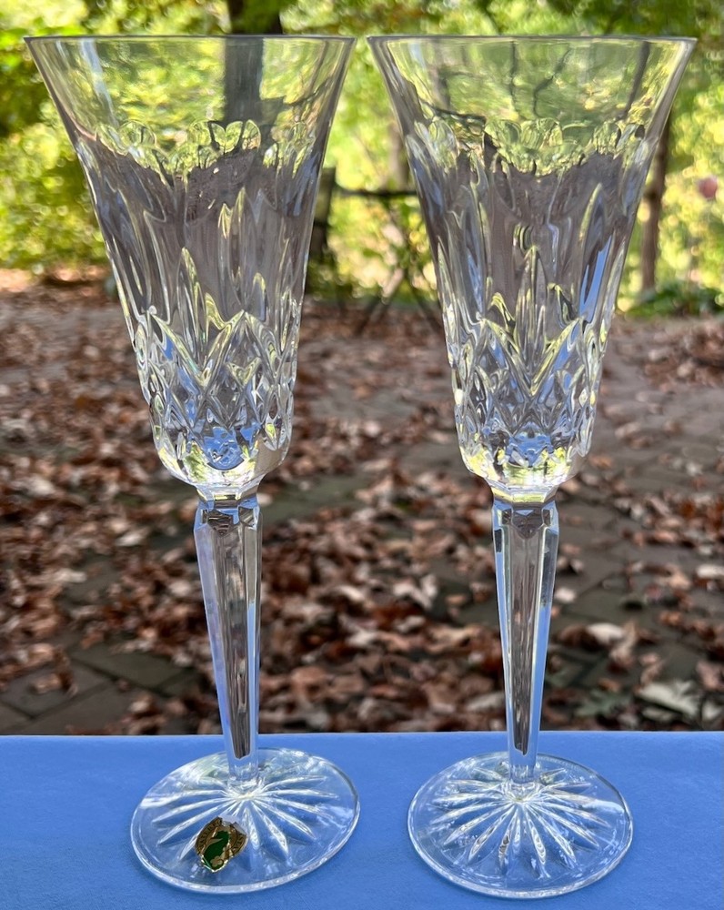TWO Waterford Crystal I Love Lismore w Hearts Champagne Glasses Toasting Flutes