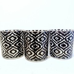 Vtg MCM Cocktail Juice Glasses Black White Peacock Set Of 3 Fuzzy Eye 6oz Rocks