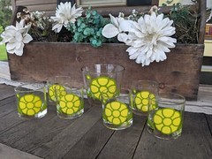 Vintage Colony Yellow/Lime Green Mod Daisy Flower Ice Bucket & (6) Rocks Glasses