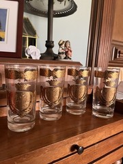 set of 4 vtg MCM Culver 22kt gold embossed Highball Glasses Barware Coat Arms