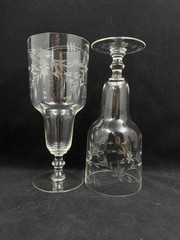 Pilsner Glasses Etched Bands Gray Cut Flowers & Leaves 7.75” HTF Vintage